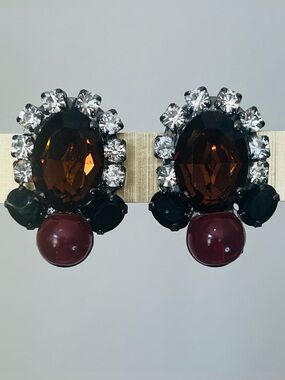 Lawrence Vrba Vintage Amber Honey Cabachon & crystals clip handmade USA earrings